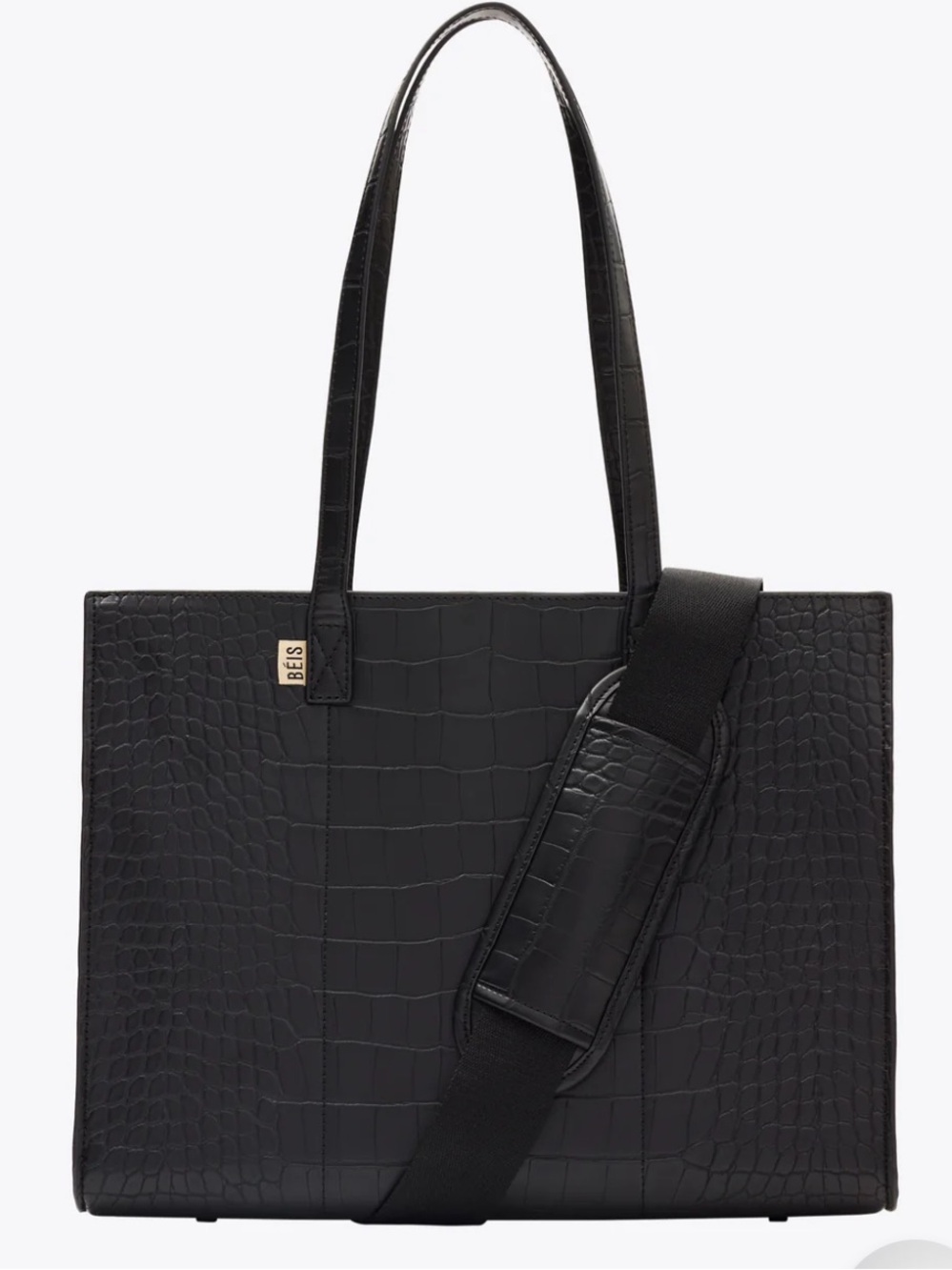 BEIS Black Croc-Embossed Tote with Detachable Strap